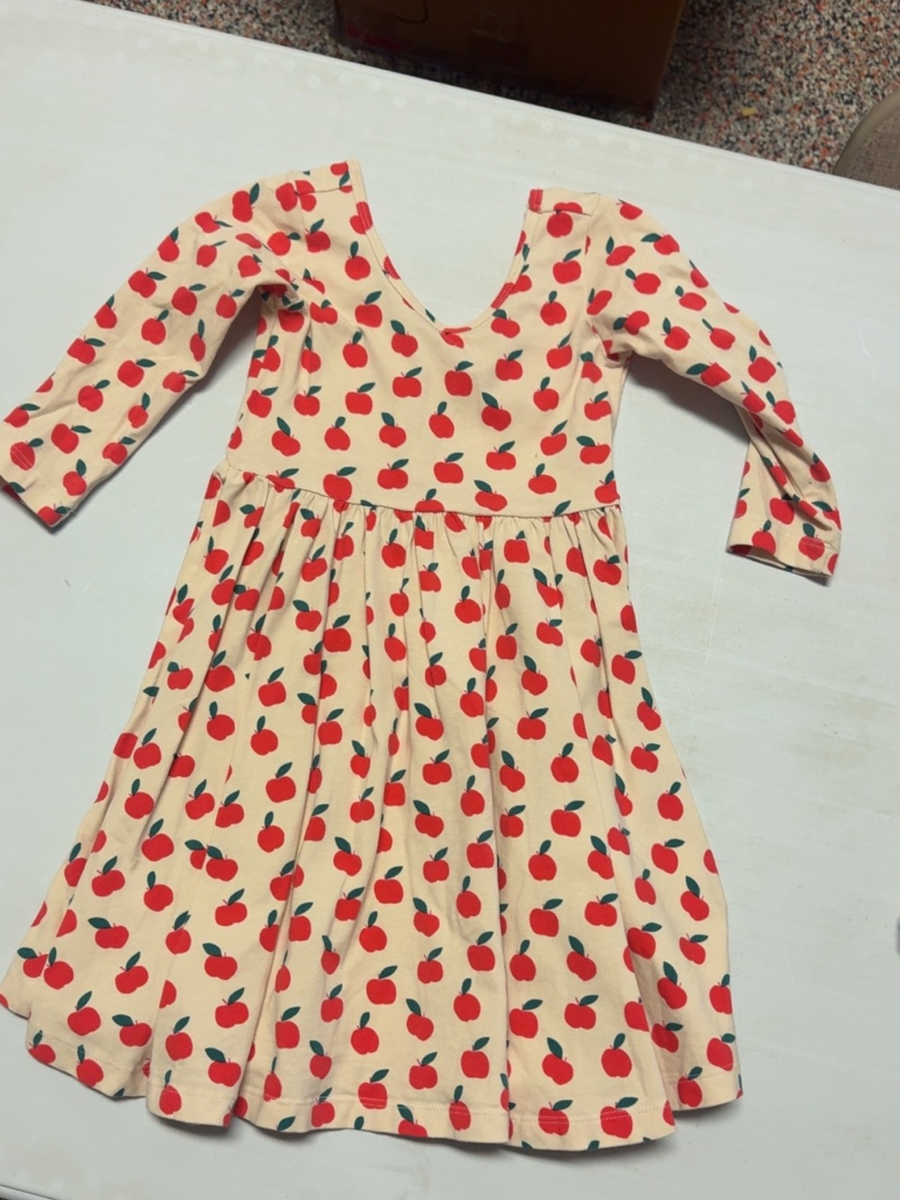 Cream Apple-Print Girls' Casual Dress with Red Apples